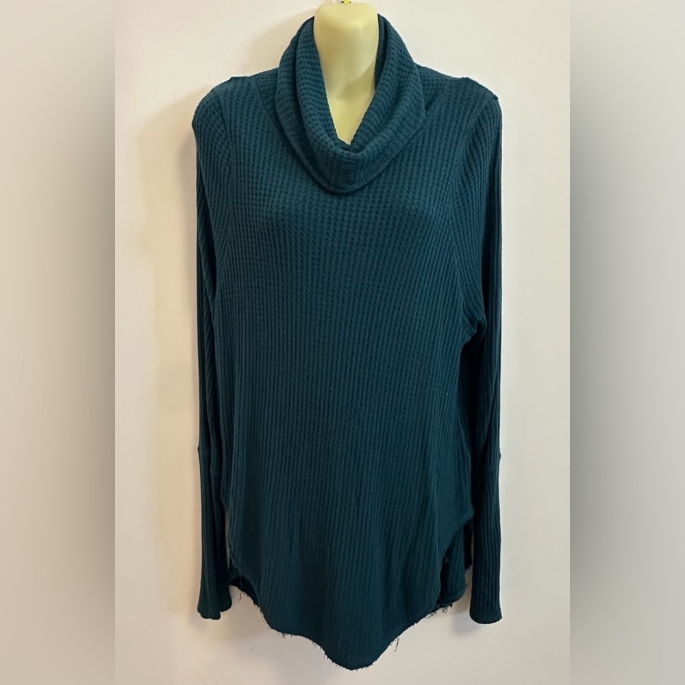 We The Free Deep Teal Waffle Knit Cowl Neck Sweater
